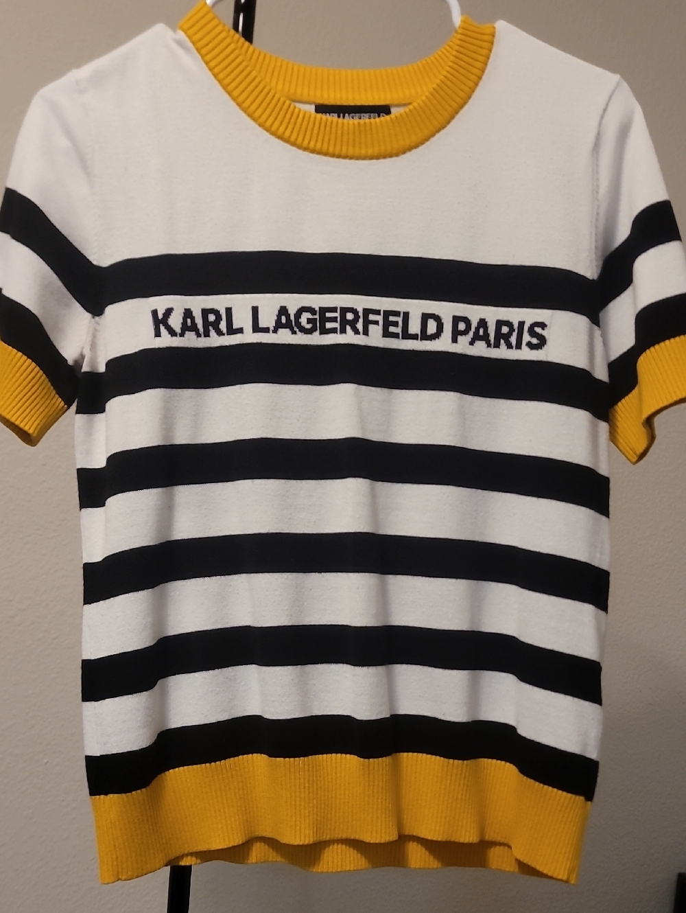 Karl Lagerfeld Black & White Striped Crewneck with Yellow Trim